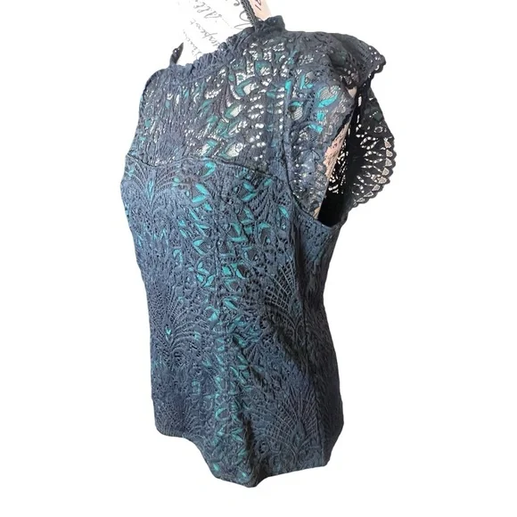 WHBM Black Green High Neck lace shell blouse NWT romantic gothic dark academia - Picture 3 of 14